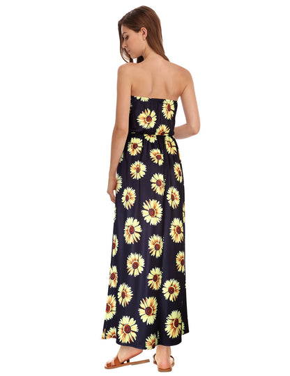 YESFASHION Women's Strapless Graceful Floral Party Maxi Long Dress Black