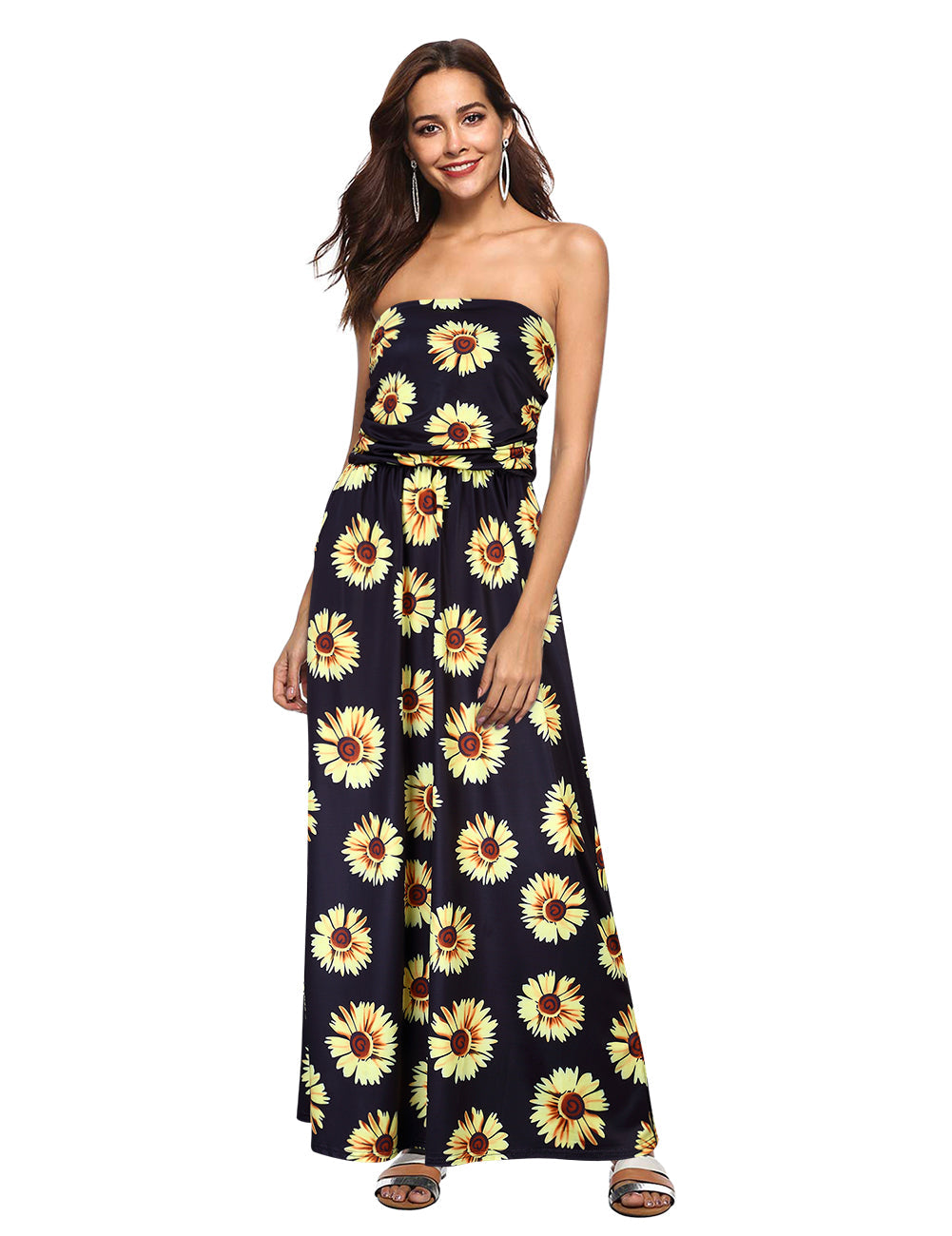 YESFASHION Women's Strapless Graceful Floral Party Maxi Long Dress