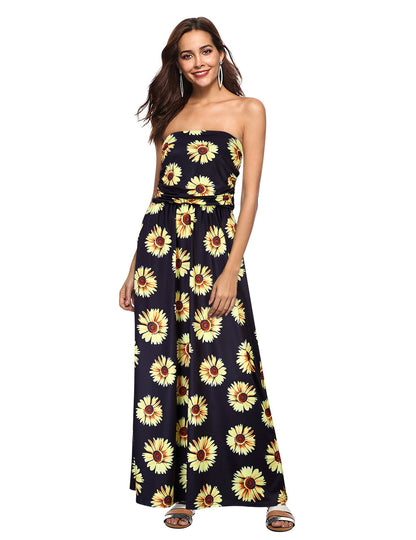 YESFASHION Women's Strapless Graceful Floral Party Maxi Long Dress Floral Blue