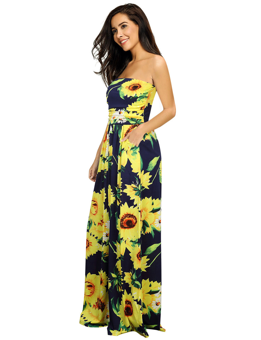 YESFASHION Women's Strapless Graceful Floral Party Maxi Long Dress Canna Black