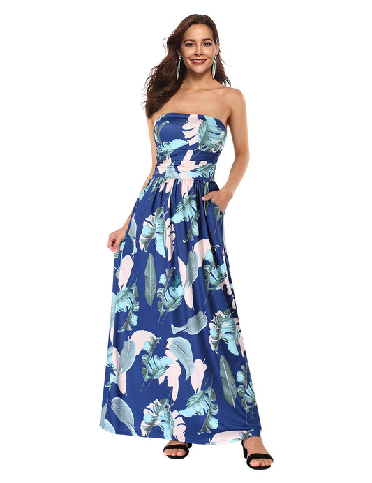 YESFASHION Women's Strapless Graceful Floral Party Maxi Long Dress Navy Blue