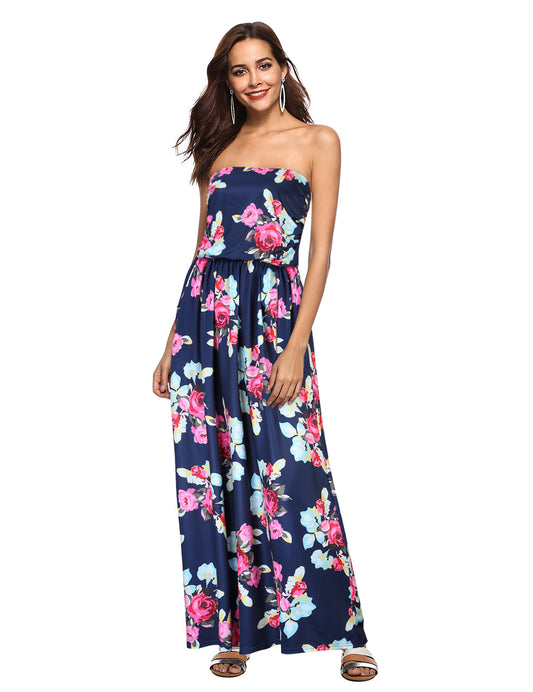 YESFASHION Women's Strapless Graceful Floral Party Maxi Long Dress Dark Blue