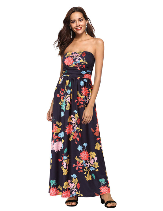 YESFASHION Women's Strapless Graceful Floral Party Maxi Long Dress Canna Black