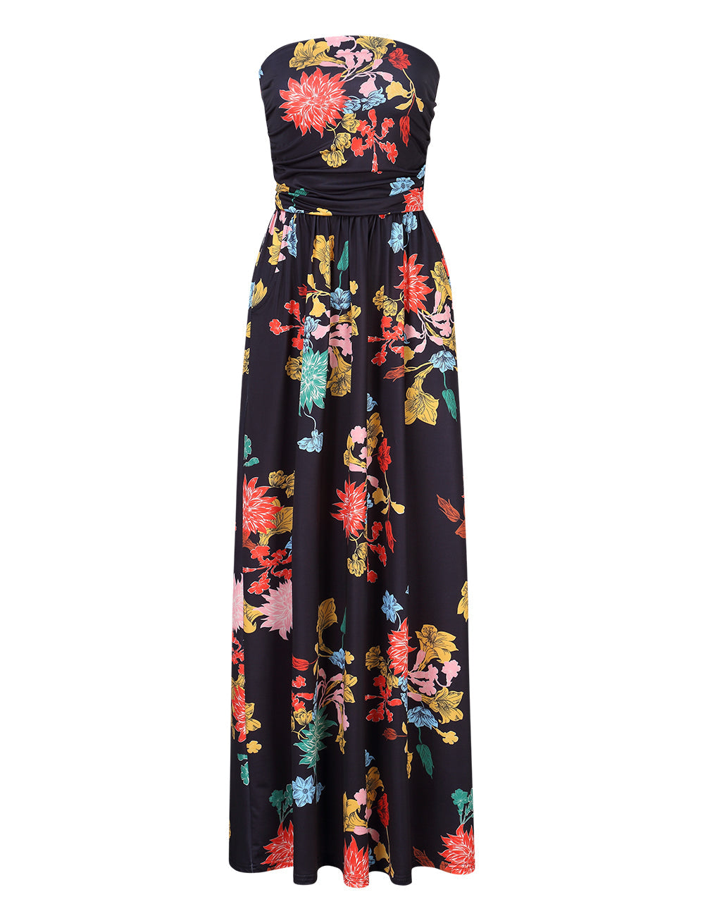 YESFASHION Women's Strapless Graceful Floral Party Maxi Long Dress Canna Black