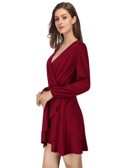 YESFASHION Women's Vneck A-Line Ruffles Cocktail Party Dress Wine Red