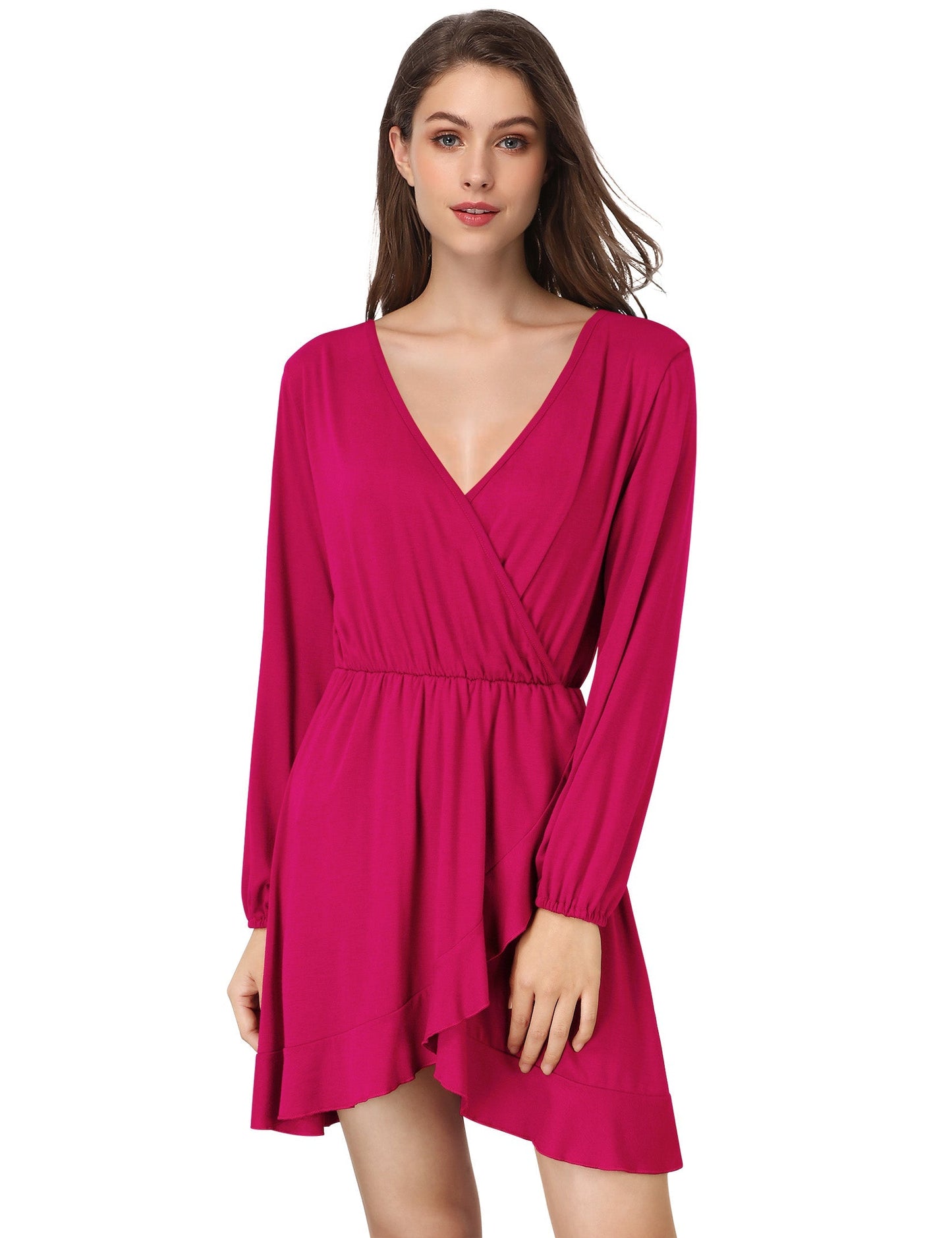 YESFASHION Women's Vneck A-Line Ruffles Cocktail Party Dress Pink