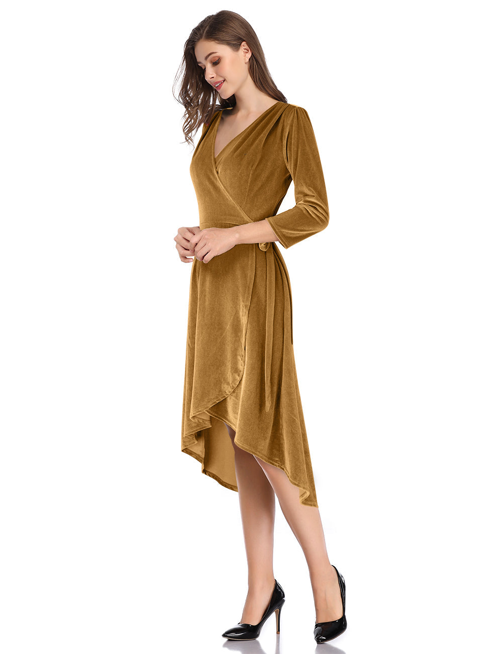 YESFASHION Women's Velvet V-Neck Long Sleeve Casual Party Dress Yellow