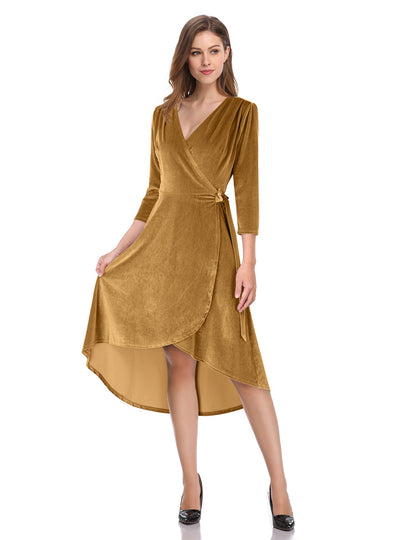 YESFASHION Women's Velvet V-Neck Long Sleeve Casual Party Dress Yellow