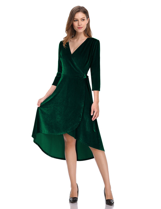 YESFASHION Women's Velvet V-Neck Long Sleeve Casual Party Dress Green