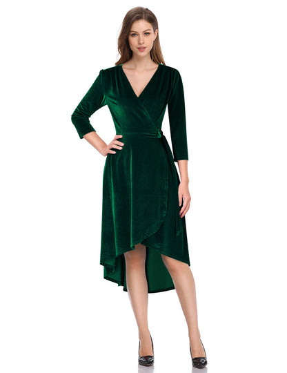 YESFASHION Women's Velvet V-Neck Long Sleeve Casual Party Dress Green