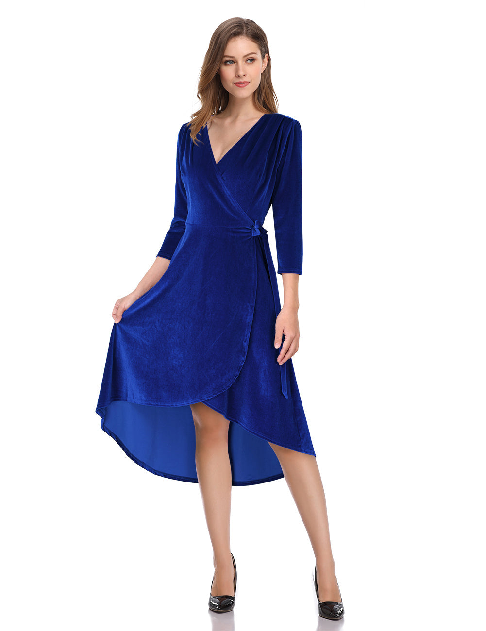 YESFASHION Women's Velvet V-Neck Long Sleeve Casual Party Dress Blue