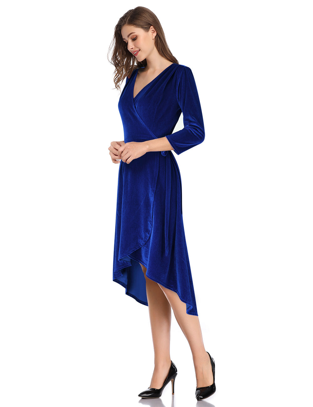 YESFASHION Women's Velvet V-Neck Long Sleeve Casual Party Dress Blue