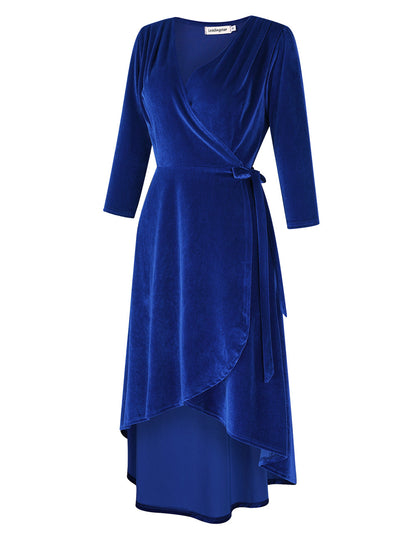 YESFASHION Women's Velvet V-Neck Long Sleeve Casual Party Dress Blue