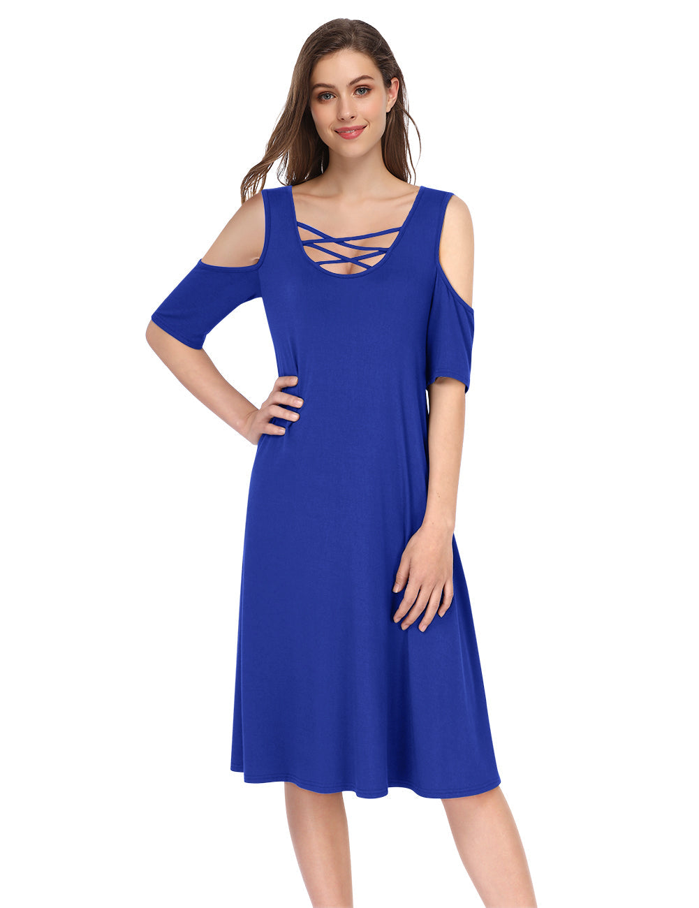 Women's Cold Shoulder Short Sleeve Solid Color Loose Casual Dress