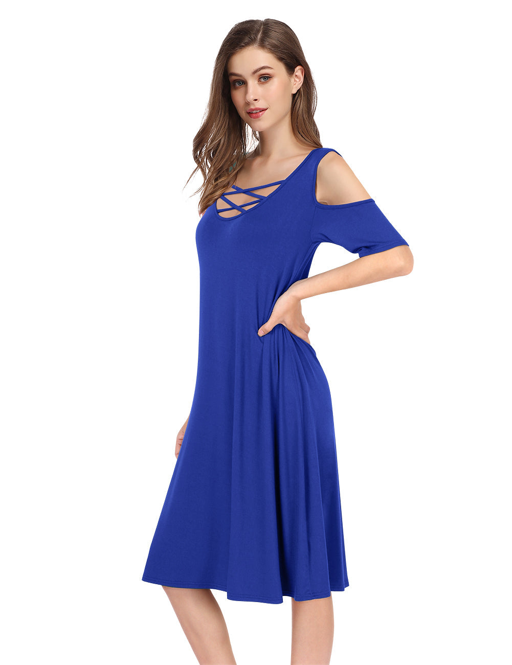 Women's Cold Shoulder Short Sleeve Solid Color Loose Casual Dress