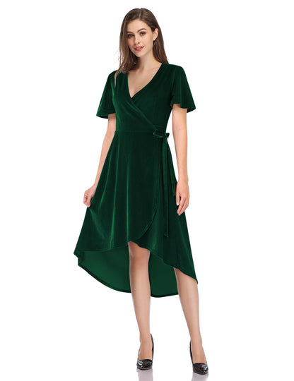 YESFASHION Women Velvet V-Neck Short Sleeve Empire Party Midi Dress