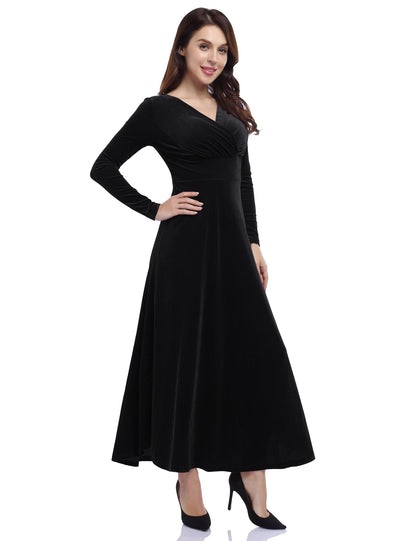 YESFASHION Women's V-Neck Velvet Smart Formal Party Maxi Dress