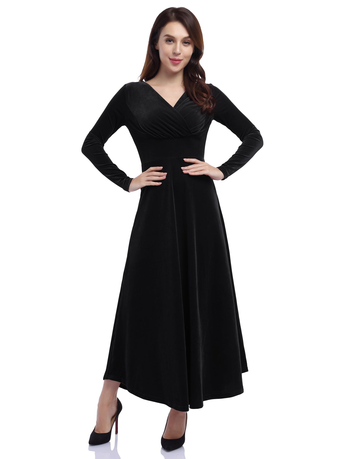 YESFASHION Women's V-Neck Velvet Smart Formal Party Maxi Dress