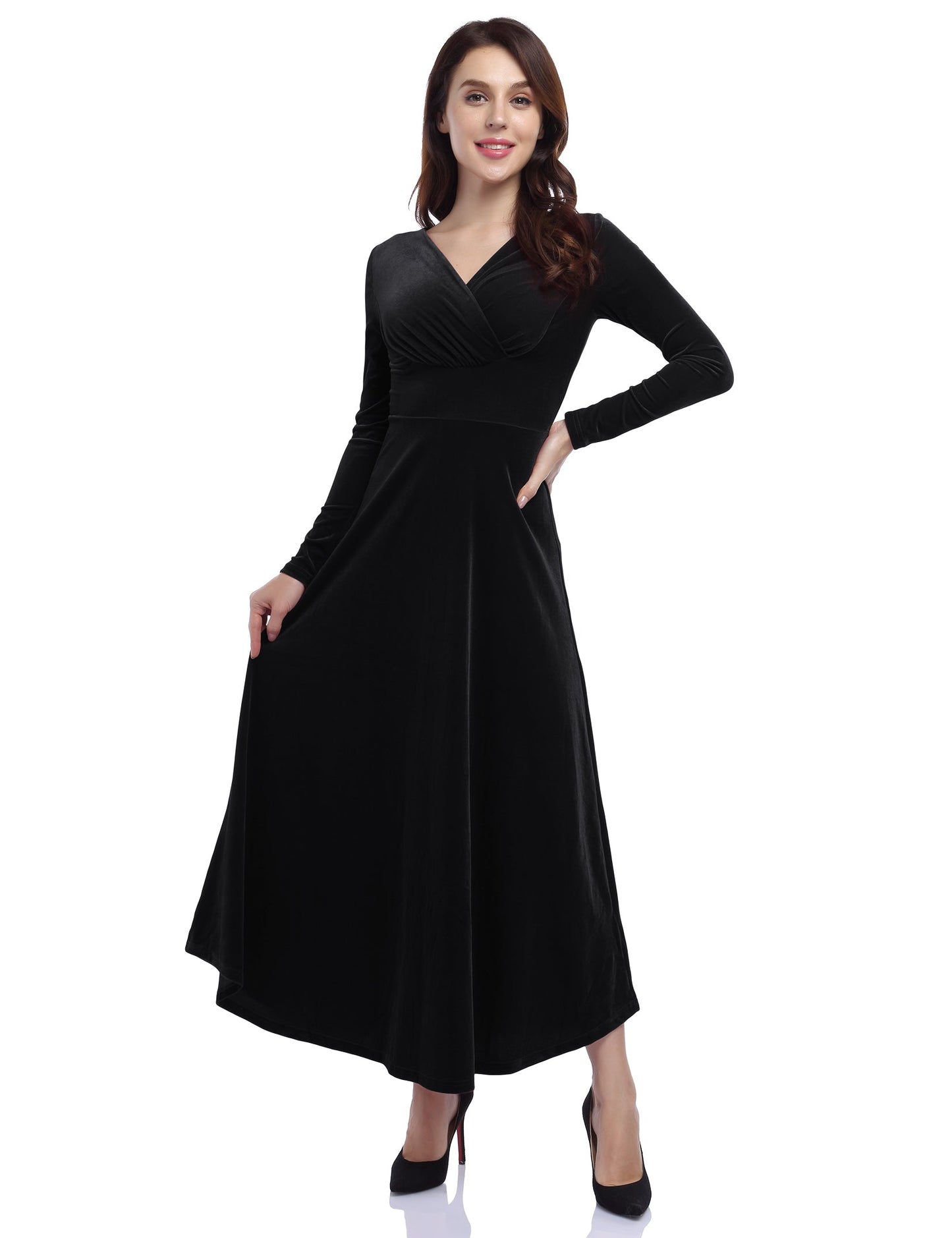 YESFASHION Women's V-Neck Velvet Smart Formal Party Maxi Dress