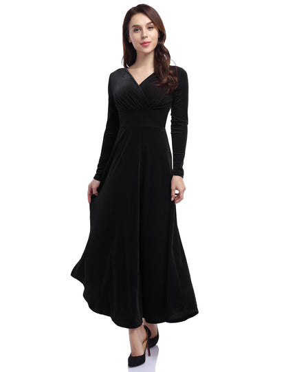 YESFASHION Women's V-Neck Velvet Smart Formal Party Maxi Dress