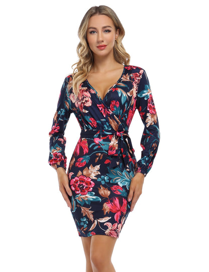 YESFASHION Women's V Neck Long Sleeves Dress Slim Party Dress Blue Flower