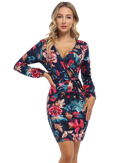 YESFASHION Women's V Neck Long Sleeves Dress Slim Party Dress Blue Flower