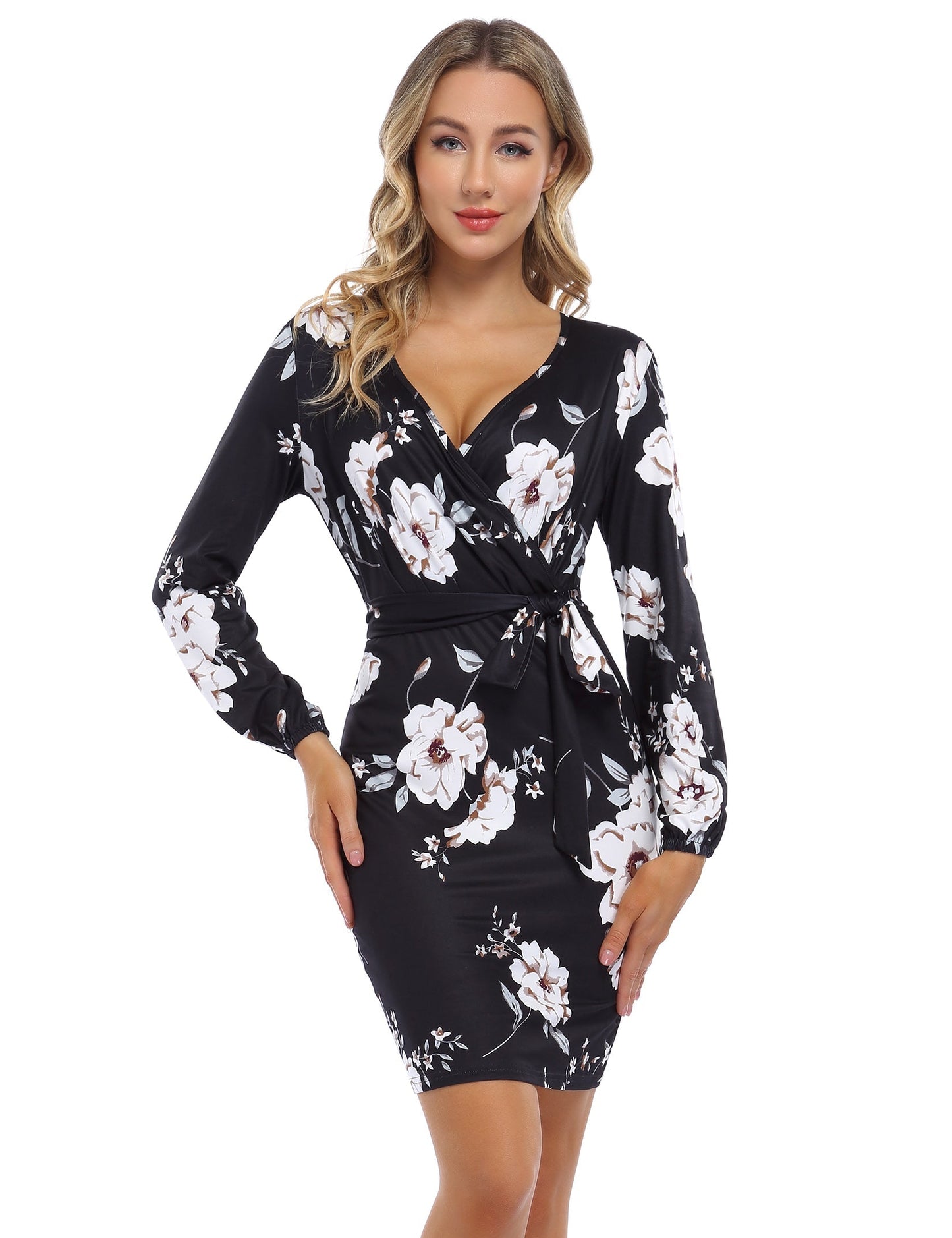 YESFASHION Women's V Neck Long Sleeves Dress Slim Party Dress Black Flower