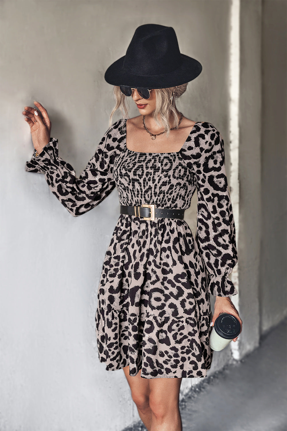 YESFASHION Hot Sale Classic Leopard Print Long Sleeve Dress