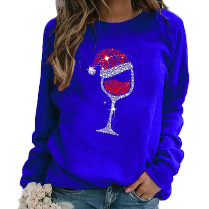 YESFASHION Christmas Wine Glass Crew Neck Long-sleeve Sweatshirts