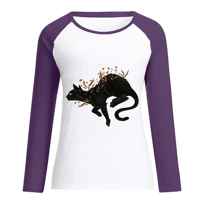 YESFASHION Women Cat Casual Crew Neck Long Sleeve Tops T-shirt