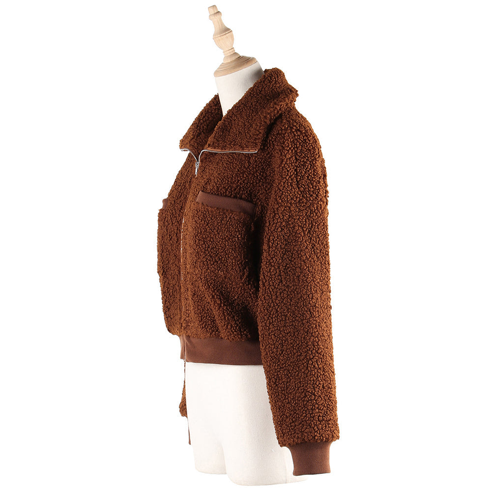 YESFASHION New Lamb Wool Plush Zip Jacket Solid Color Blast Warm Tops