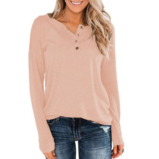 YESFASHION Long Sleeve Round Neck Pullover Button Tops Pink