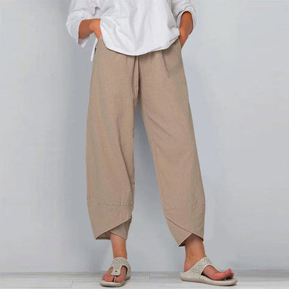 YESFASHION Women Wide-leg Pants Cotton Linen High Waist Pants