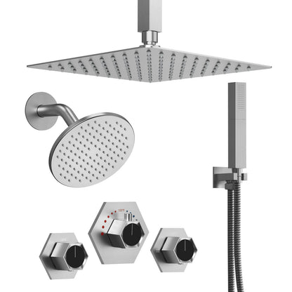 DualCascade Dual 12" High-Pressure Rainfall Shower Faucet with Handheld Spray, Celling Mount, Rough in-Valve
