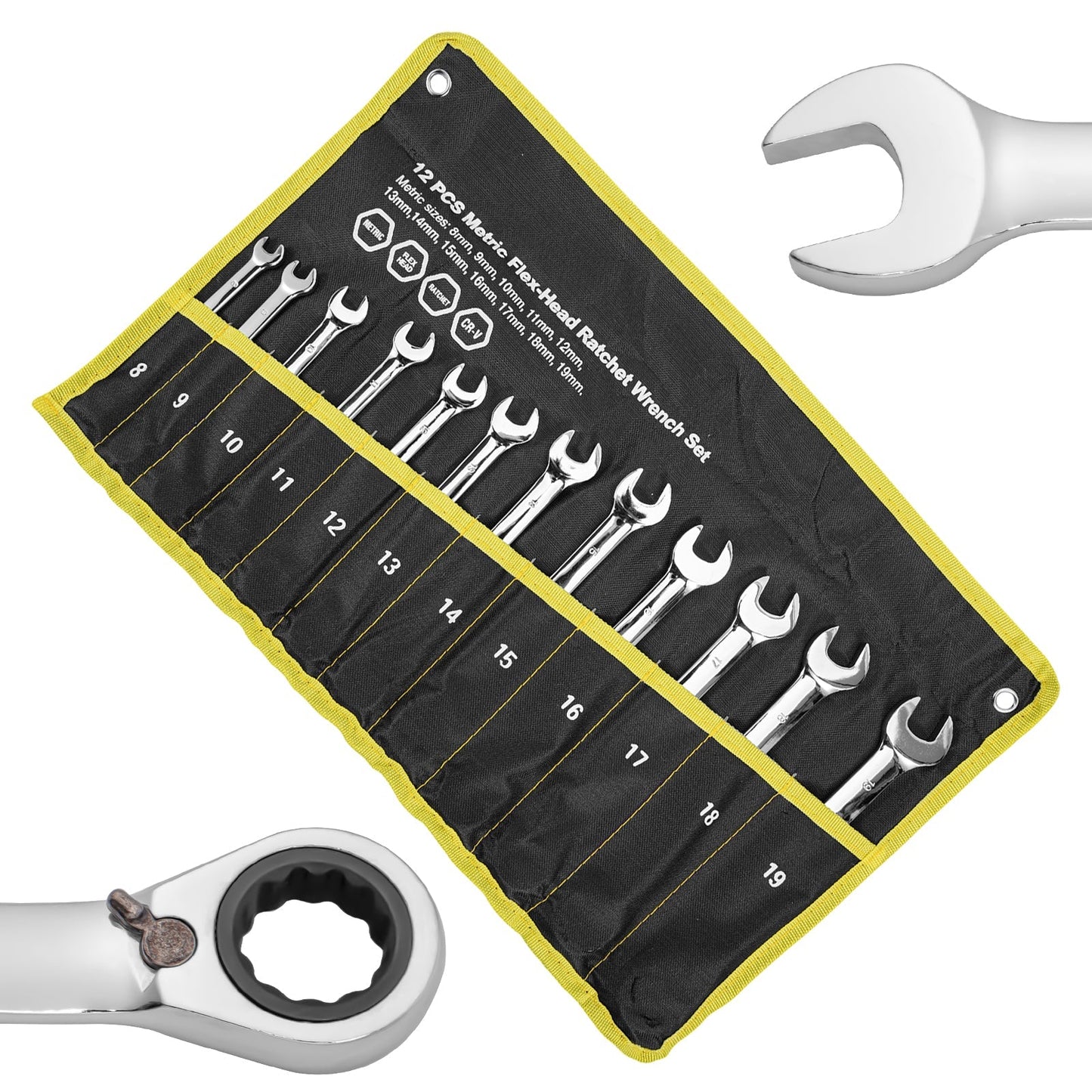 GARVEE 12pcs Metric 8-19mm Reversible Ratcheting Combination Wrench Set