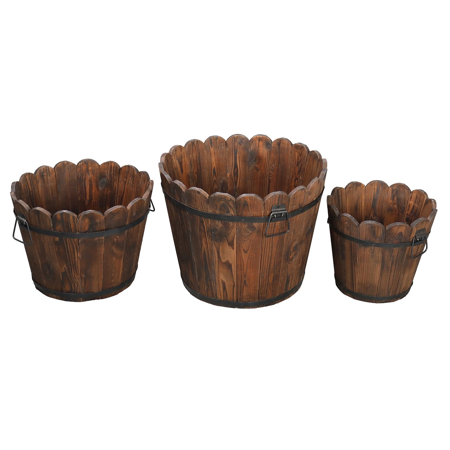 RONSHIN 3PCS Planting Pots Retro Style Outdoor Reinforced Flower-Shaped Wooden Barrels