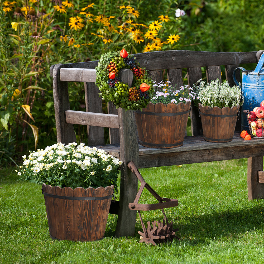 RONSHIN 3PCS Planting Pots Retro Style Outdoor Reinforced Flower-Shaped Wooden Barrels