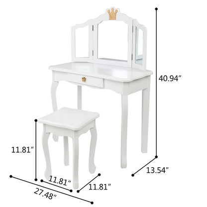 AMYOVE Children Dressing Table 3-sided Foldable Mirror Dressing Table + Chair White