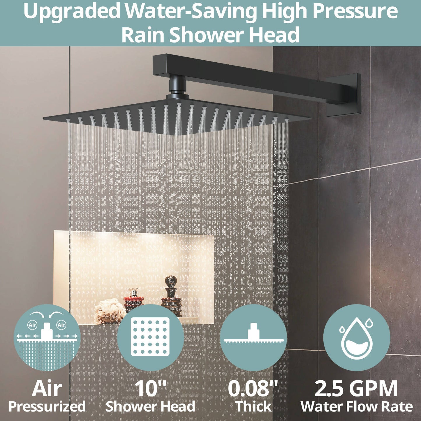 RainfallCascade 10” High-Pressure Shower Faucet, Wall Mount, Rough in-Valve, 2.5 GPM