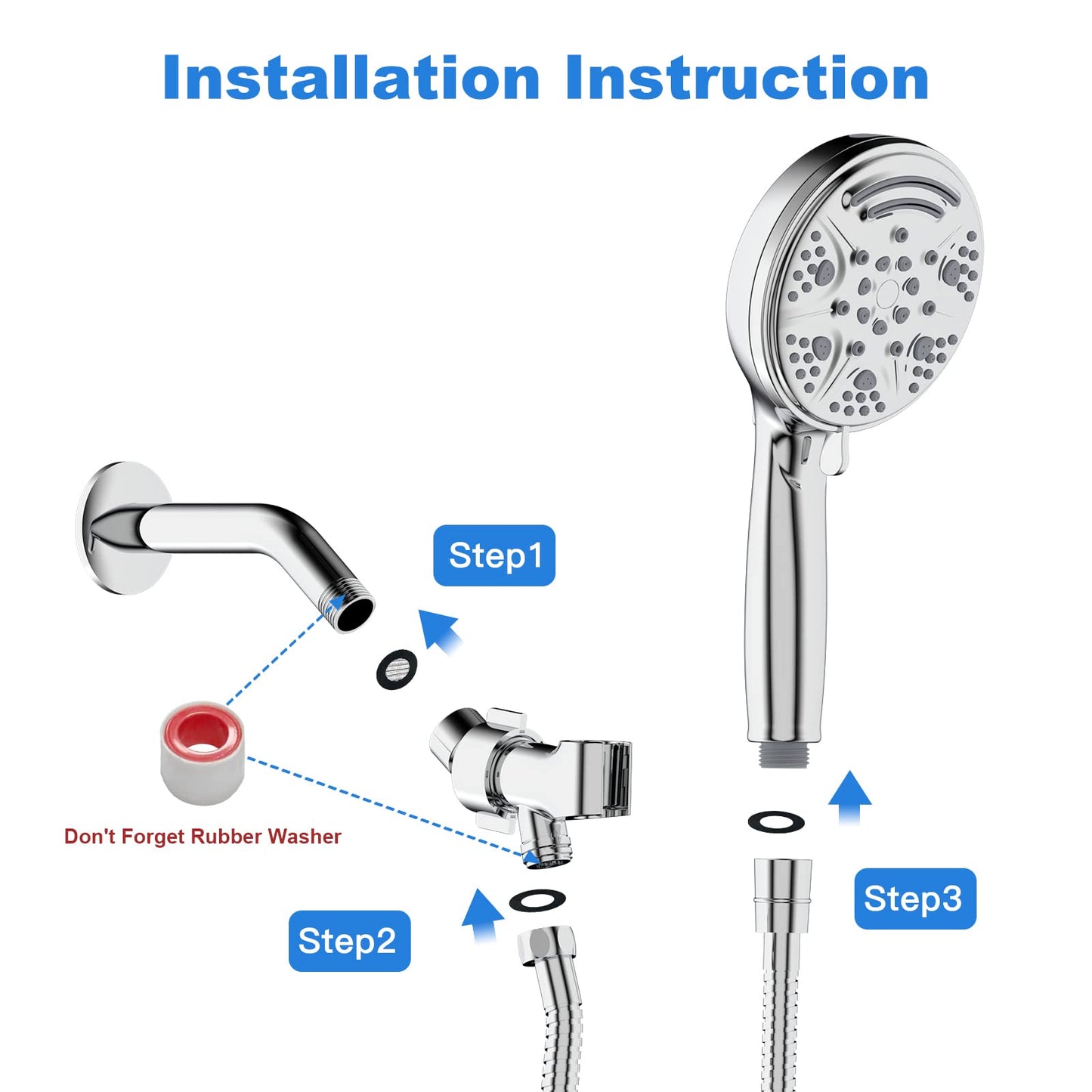 GARVEE Shower Head Handheld Stainless Steel Hose Bracket Spray Wash Mode