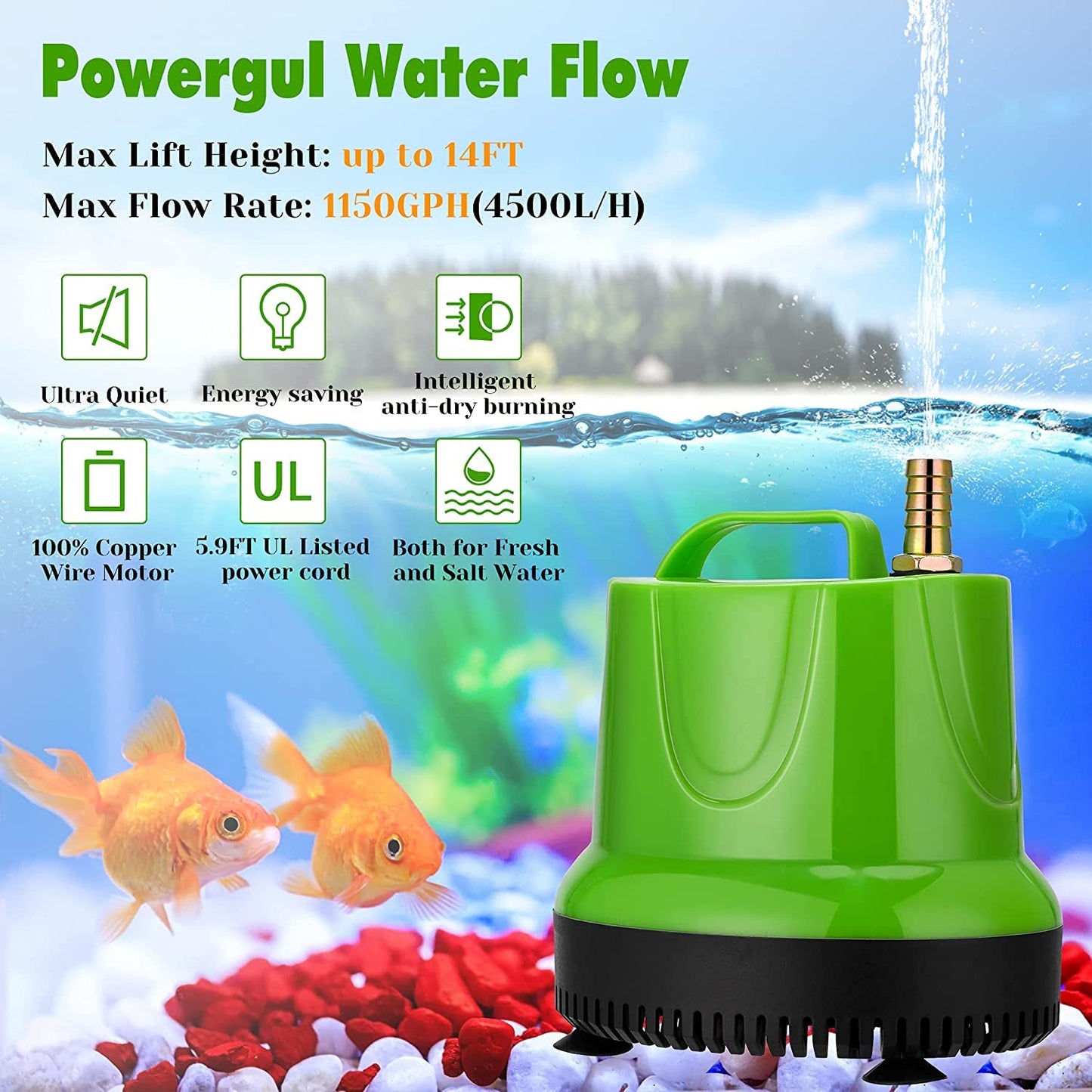 GARVEE Submersible Pump 1150 GPH Submersible Water Pump Fountain Pump Water Pump