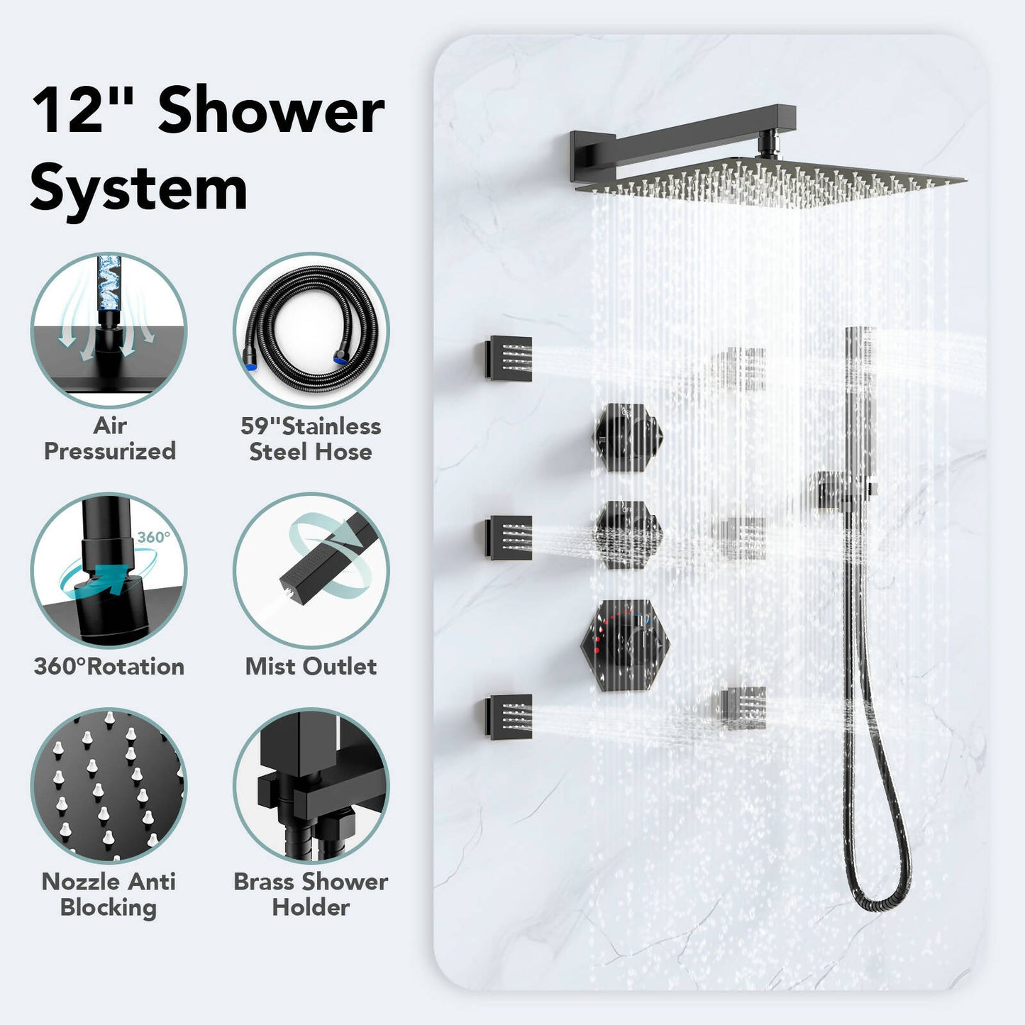 RelaxaJet 12" High-Pressure Rainfall Shower Faucet with Handheld Spray, Wall Mount, Rough in-Valve