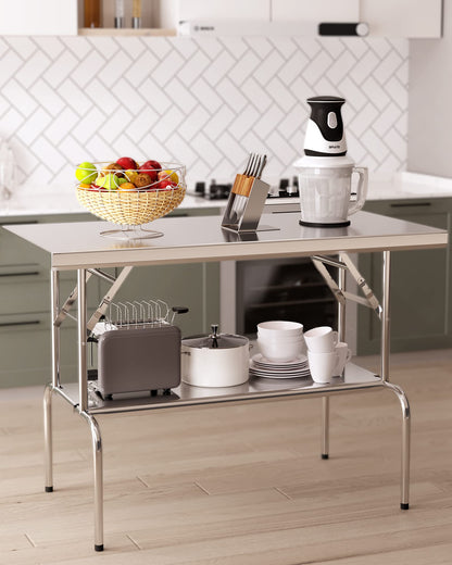 GARVEE Stainless Steel Folding Table with Undershelf Commercial Kitchen Prep Table for Home Restaurant Hotel