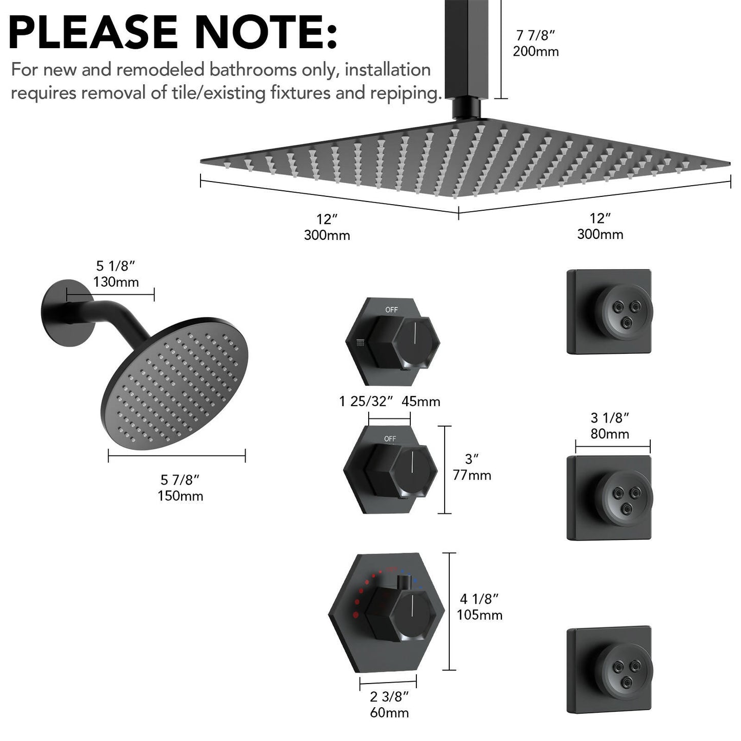 DualJet Spa 12" High-Pressure Rainfall Shower Faucet, Celling Mount, Rough in-Valve, 2.5 GPM