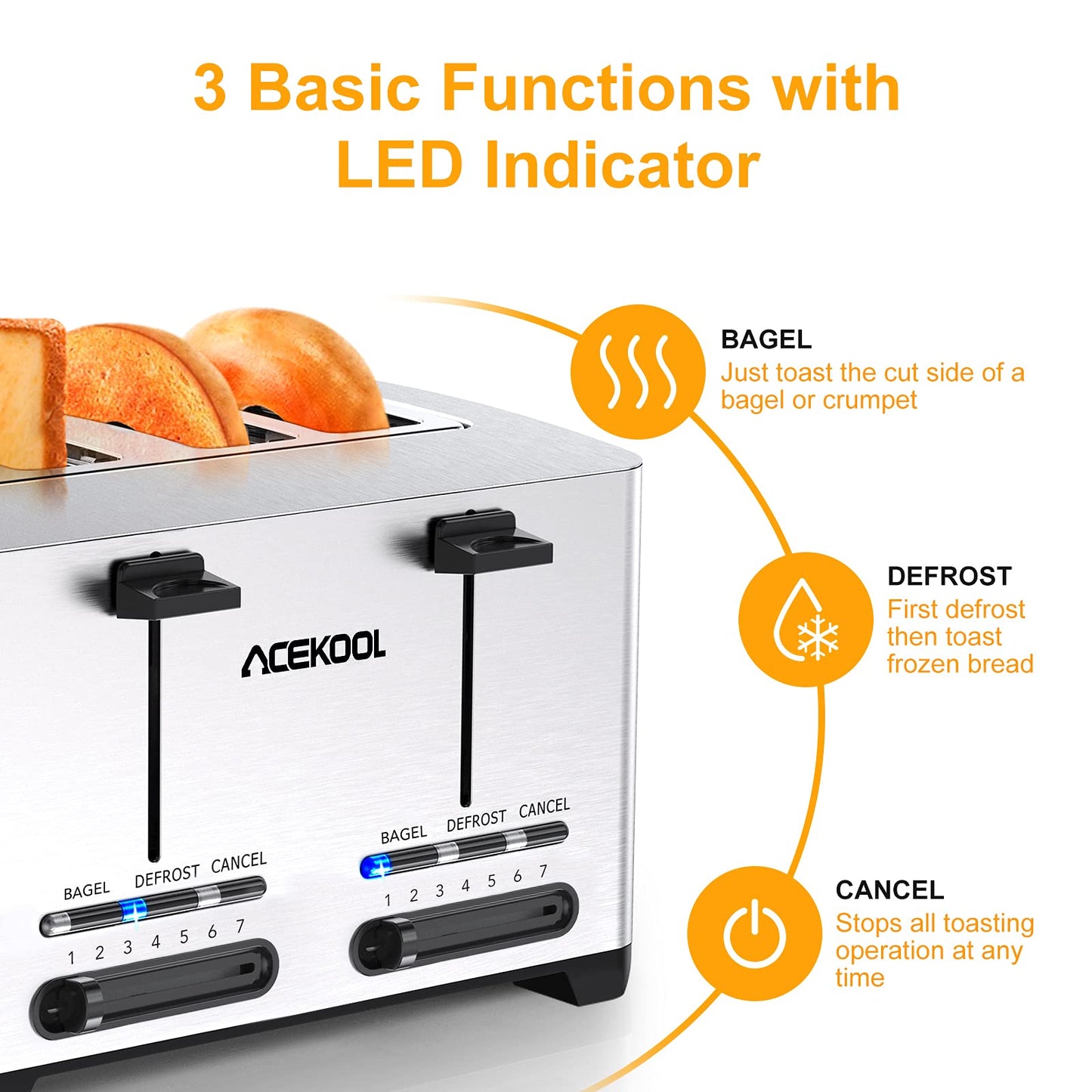 ACEKOOL Toaster TA1 Stainless Steel 4-Slice 7 Shades Toaster US Plug