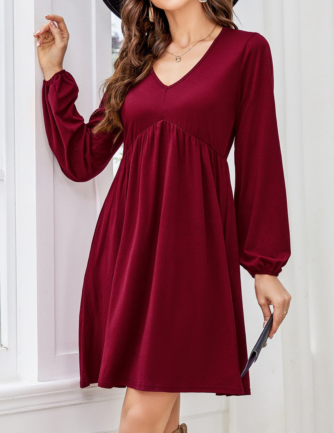 Women's V Neck Long Sleeve Autumn Dress