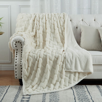 CAROMIO Sherpa Fleece Soft Plush Jacquard Fluffy Throw Blanket Creamy White 50" x 60"