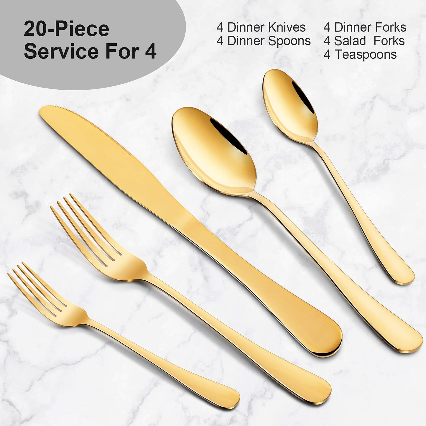 GARVEE 20 Piece S592 Stainless Steel Kitchen Flatware Set - Gold
