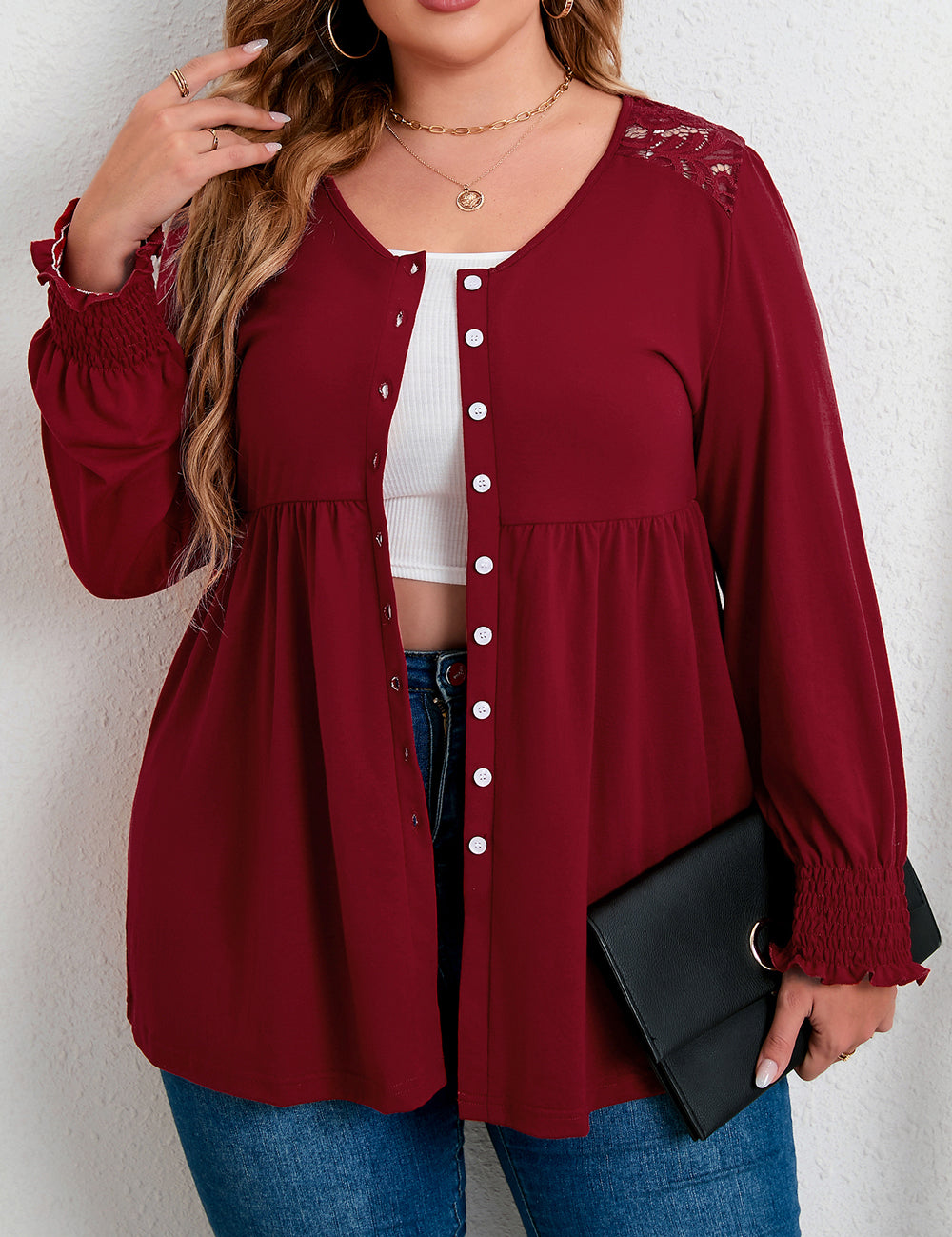 Women's Plus Size Button Lace Cardigan Top