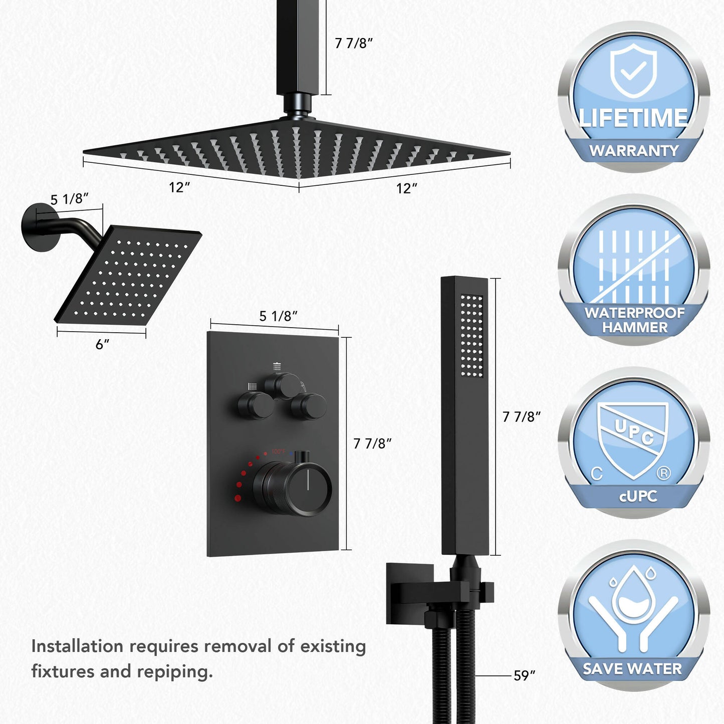 DualCascade 12" High-Pressure Rainfall Shower Faucet, Celling Mount, Rough in-Valve, 2.5 GPM